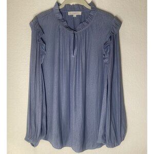 Loft Top Womens XL Blue Ruffled Long Sleeve Blouse Relaxed Casual